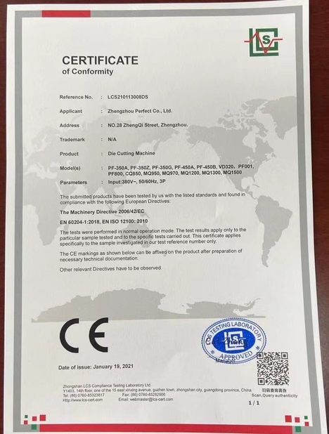 Chiny Zhengzhou Perfect Co., Ltd. Certyfikaty